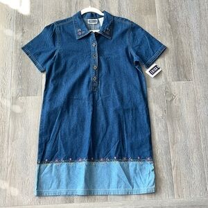 Vintage NWT two tone denim dress embroidered flowers boho hippie folk prairie M